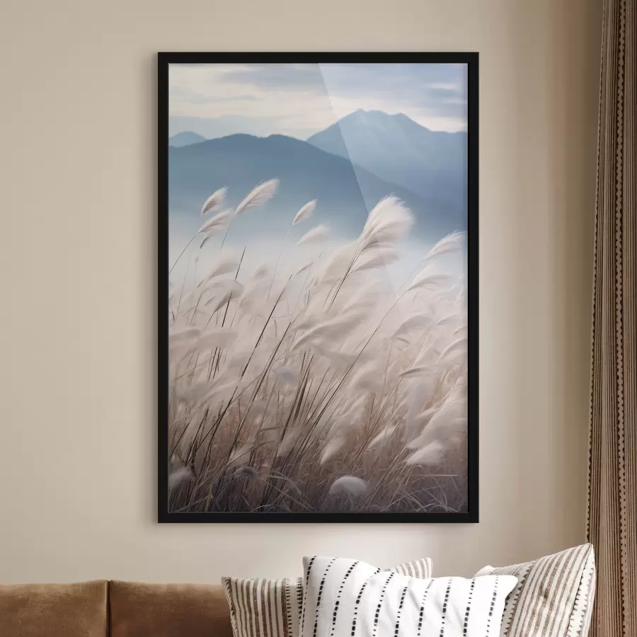 Fototapet Vysoká bílá tráva pampasová vlající ve větru s jemně modrými horami v pozadí f47879