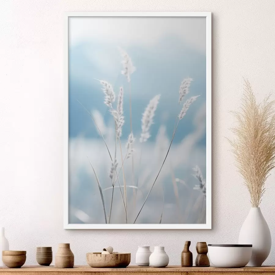 Fototapet Bílá nadýchaná tráva na pozadí jemně modré oblohy, s malou hloubkou ostrosti f47880