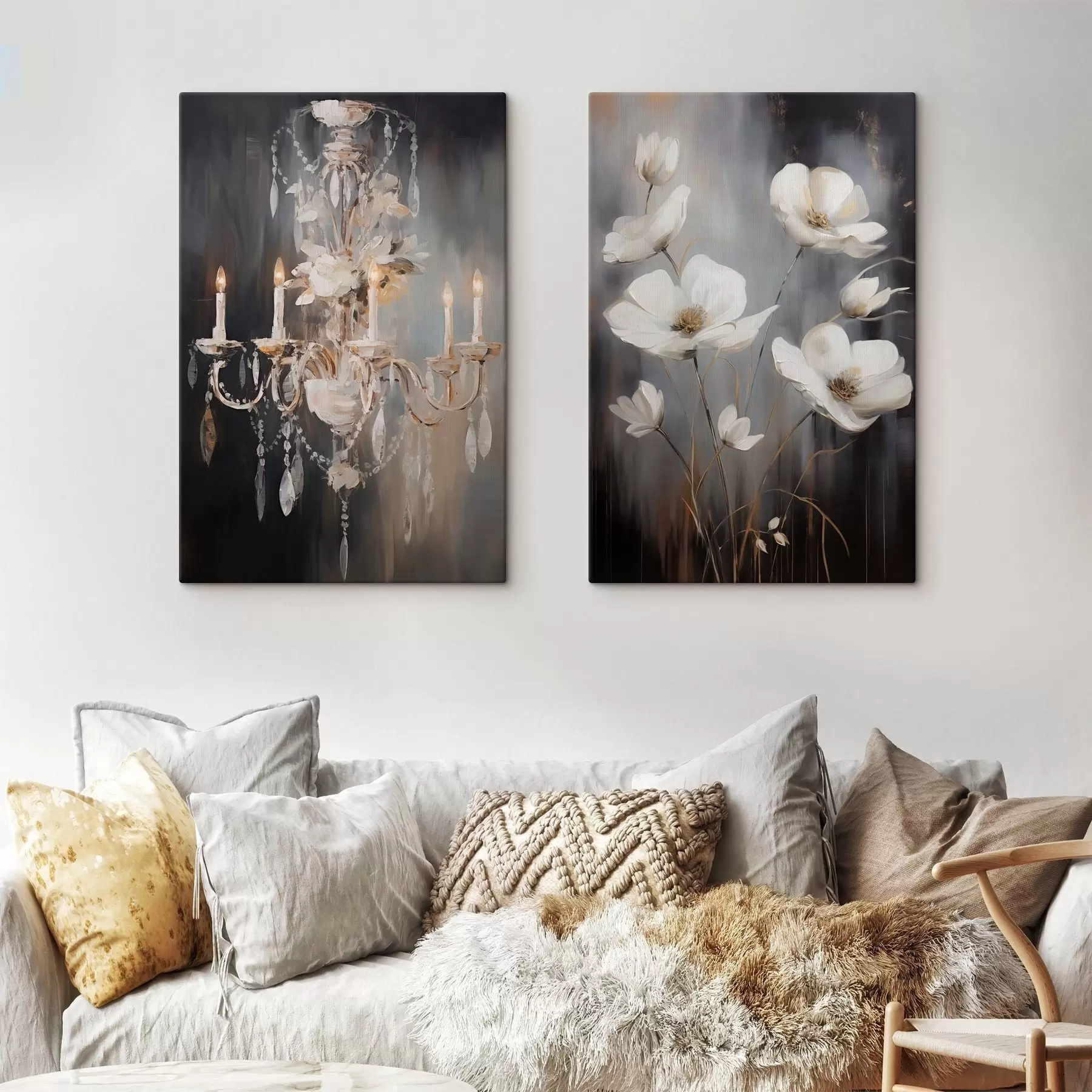 Obraz Abstraktní zdobený lustr se zapálenými svíčkami a květinovým motivem na tmavém, strukturovaném pozadí Č. m30049