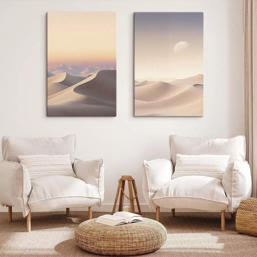 Obraz Pouštní krajina s vlnícími se písečnými dunami pod jemně pastelovou oblohou, v pozadí vzdálené hory Č. m30053