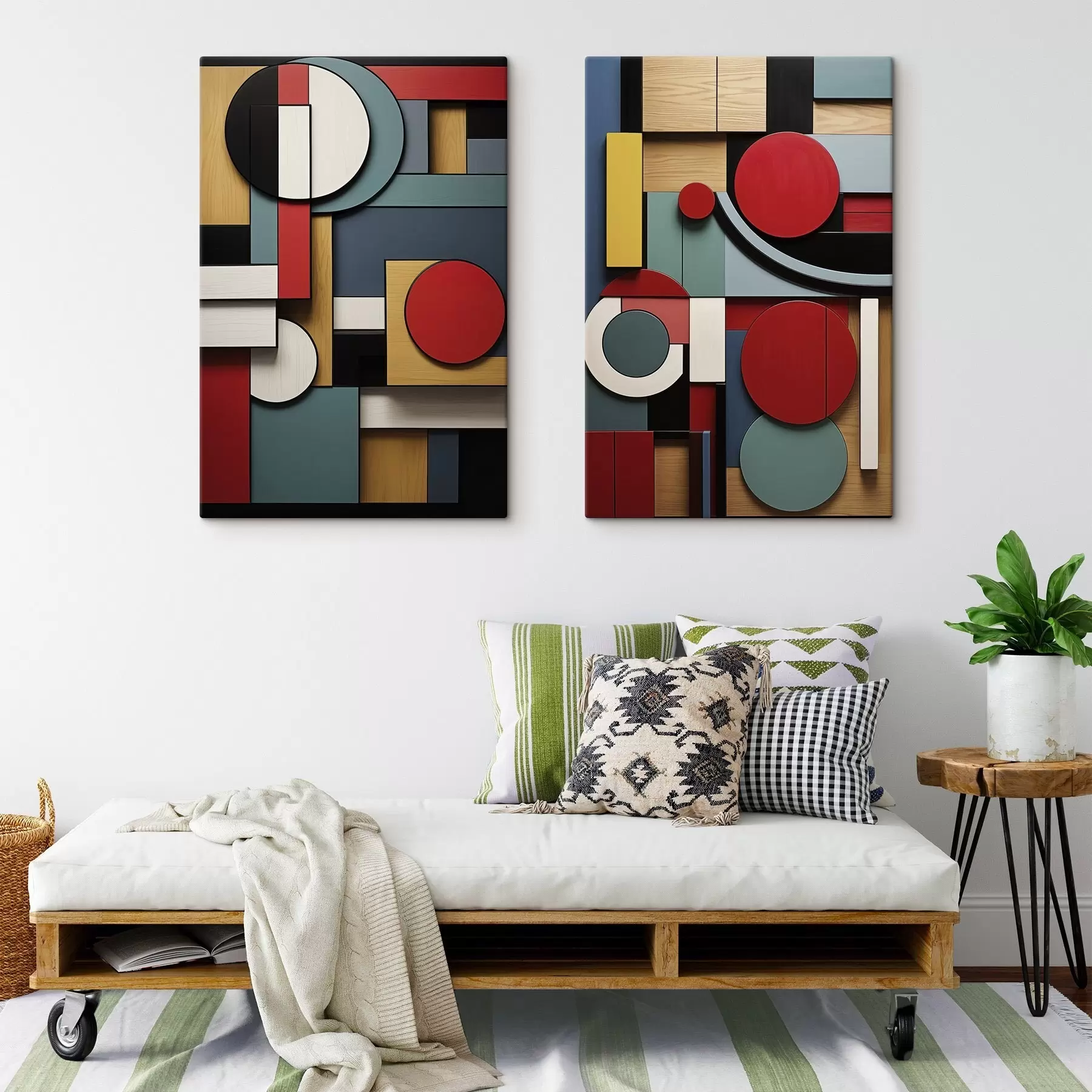 Fototapet Abstraktní geometrická kompozice s imitací dřevěné textury, červenými, černými, bílými a modrozelenými obdélníky a kruhy m30058