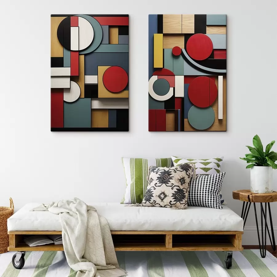 Obraz Abstraktní geometrická kompozice s imitací dřevěné textury, červenými, černými, bílými a modrozelenými obdélníky a kruhy Č. m30058