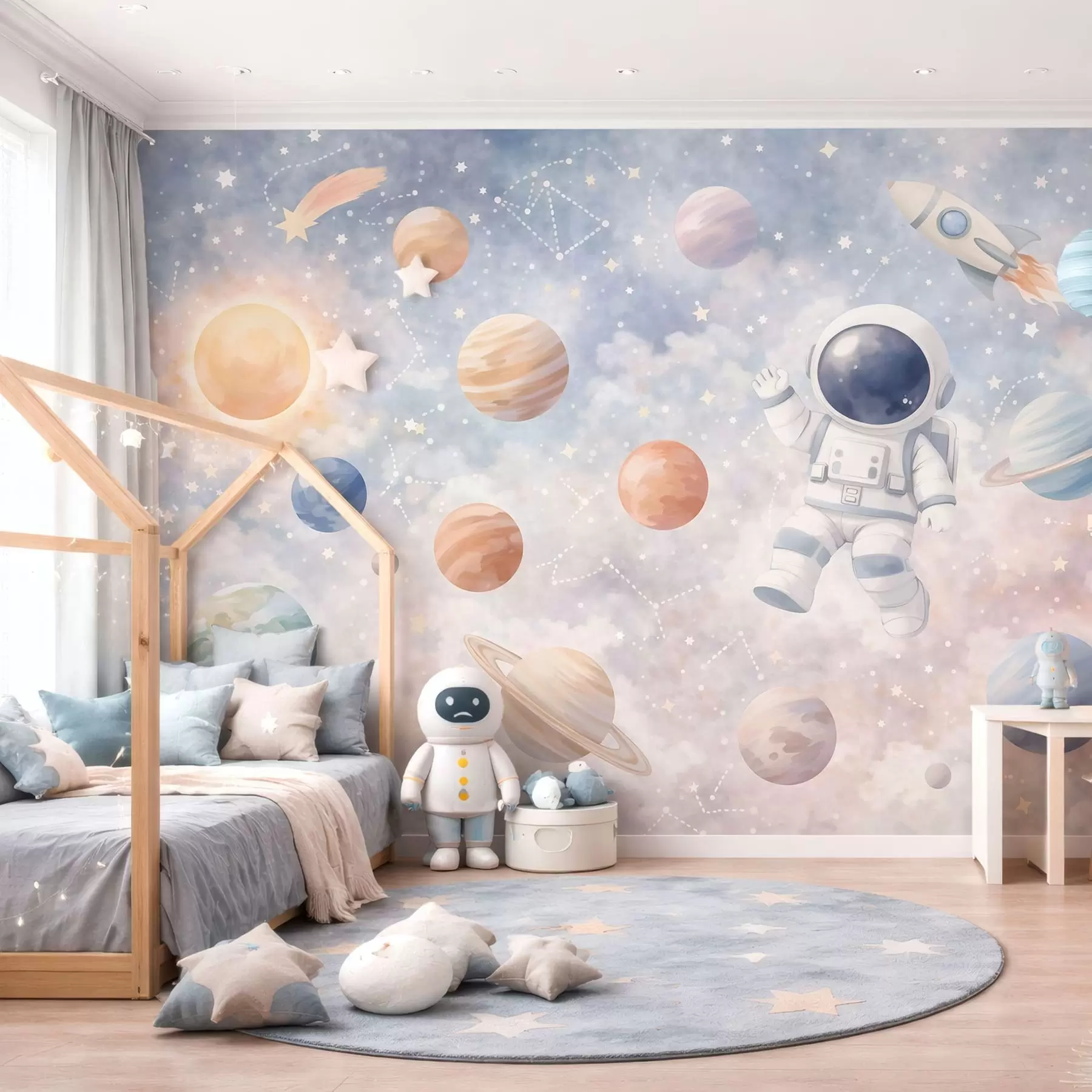 Fototapet malý astronaut mezi planetami a hvězdami w05233
