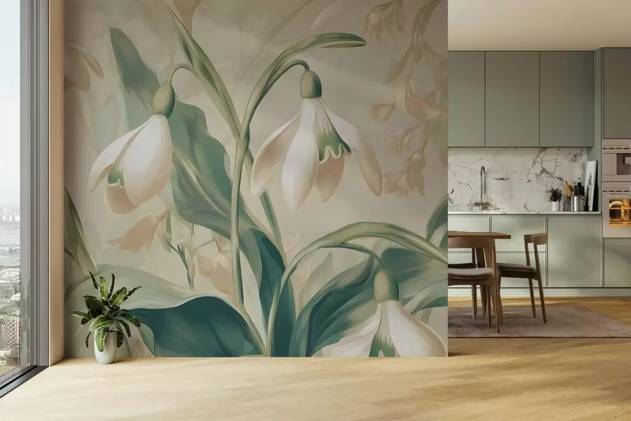 Fototapet kvetoucí sněženky na béžovém pozadí w05234