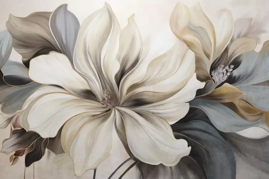 Fototapet Velké, krémové květy magnólie s hnědými a šedými listy, měkké osvětlení, abstraktní pozadí w09749