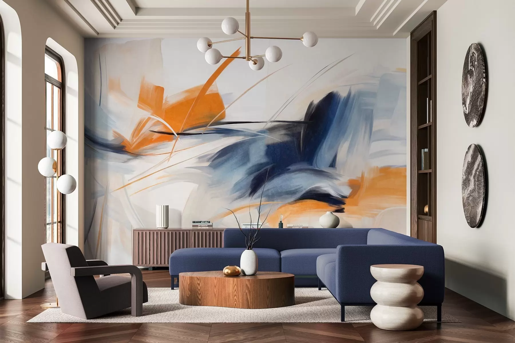 Fototapet Abstraktní malířský styl s oranžovými a modrými texturovanými tahy štětcem w09755