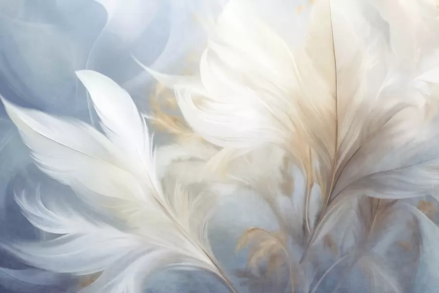 Fototapet Texturované měkké bílé peří a rozmazaná pampová tráva na modrobílém pozadí w09758