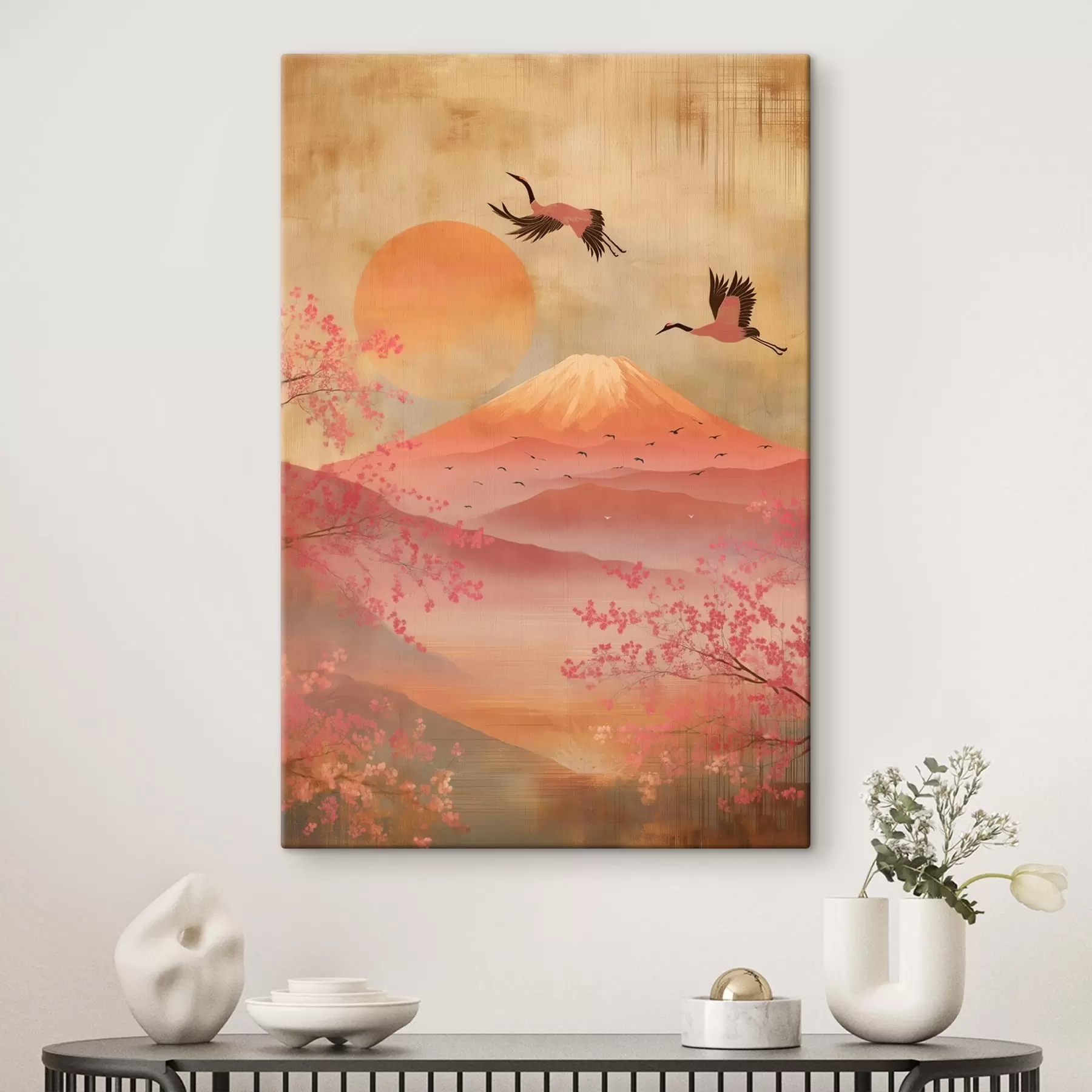 Obraz Jeřáby proti slunci a horám: ilustrace v digitálním uměleckém stylu Č. s47992