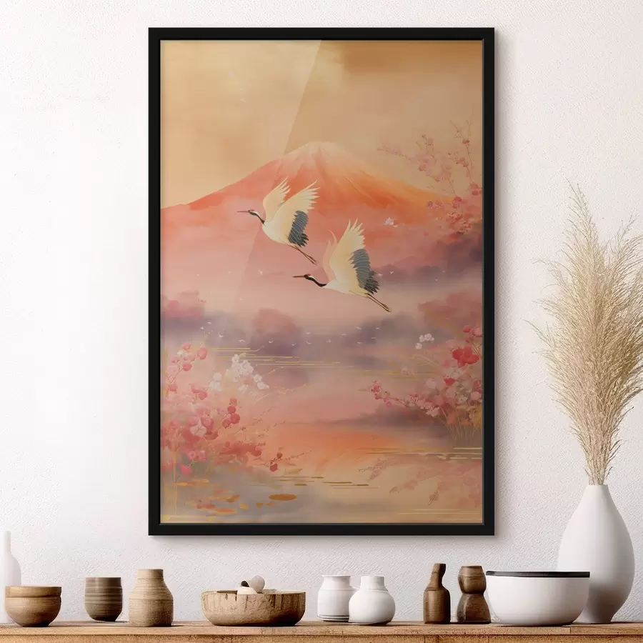 Fototapet Tradiční východní motiv s třešňovými květy a jeřáby f47991