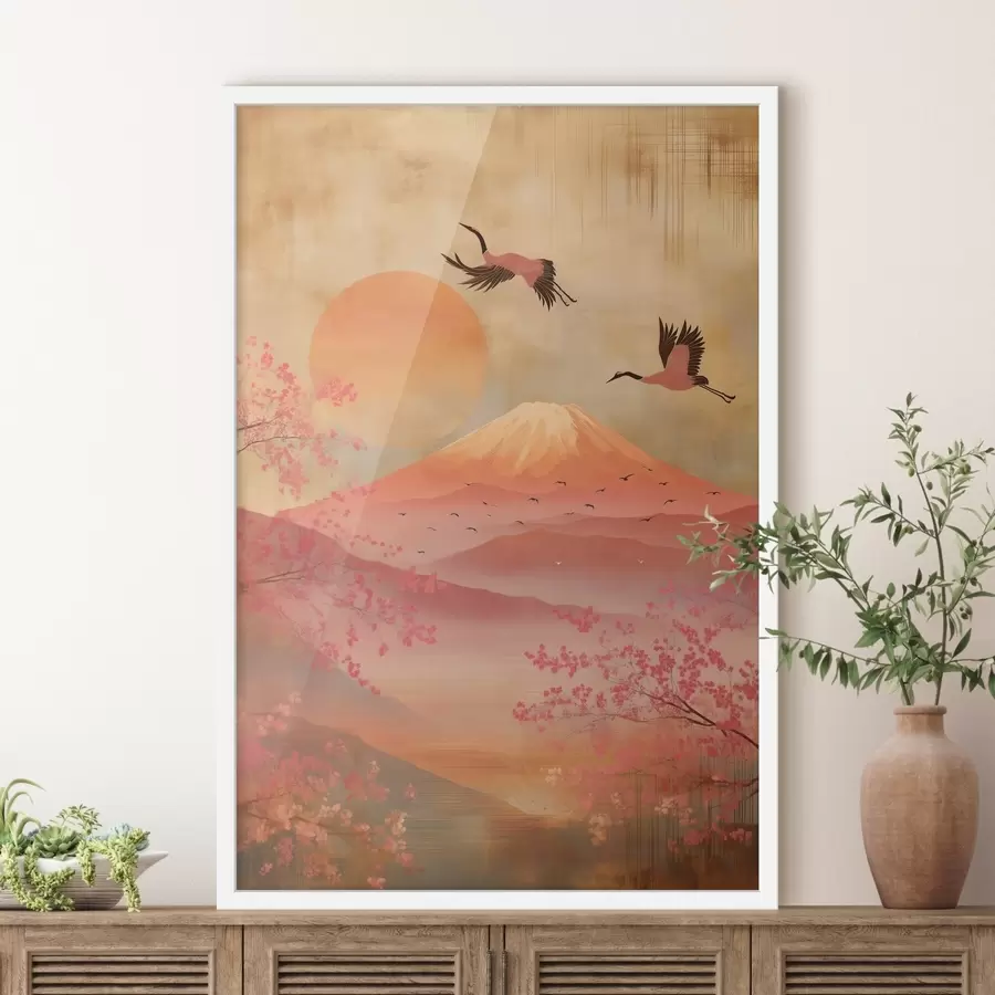 Fototapet Jeřáby proti slunci a horám: ilustrace v digitálním uměleckém stylu f47992