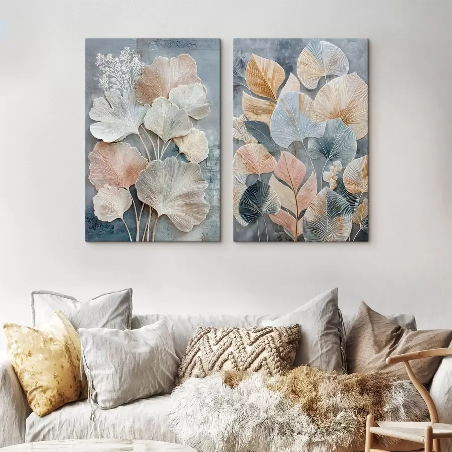 Obraz Abstraktní kompozice s dekorativním listovím v šedo-béžové paletě Č. m30030