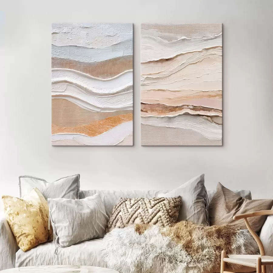 Obraz Minimalistický diptych s texturovanými vlnami na lněném pozadí Č. m30031