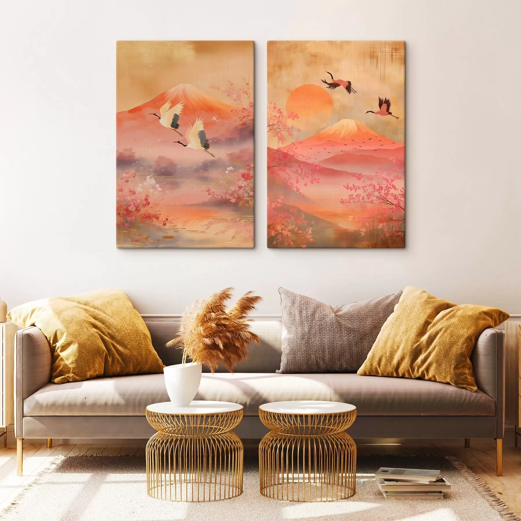 Obraz Japonská krajina s jeřáby a horou Fuji v klasickém ilustračním stylu Č. m30042