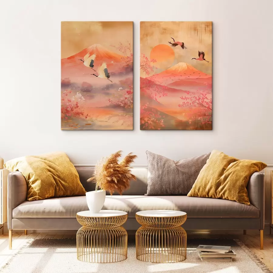 Fototapet Japonská krajina s jeřáby a horou Fuji v klasickém ilustračním stylu m30042