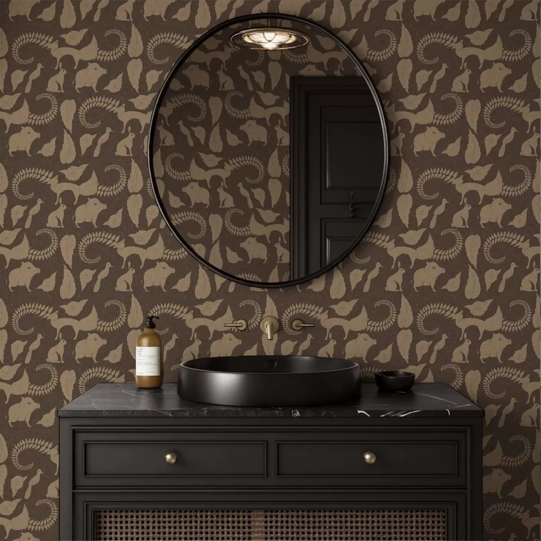 Fototapet Lesní vzor se zvířaty na hnědém pozadí a01121