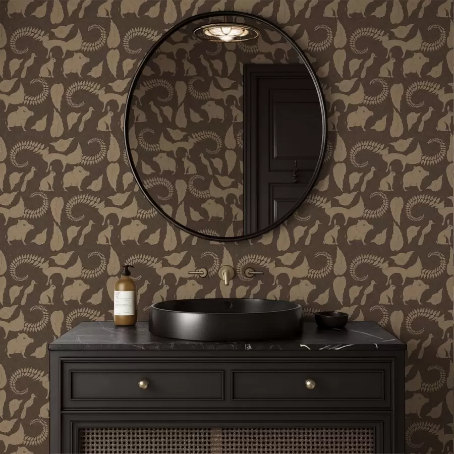 Fototapet Lesní vzor se zvířaty na hnědém pozadí a01121