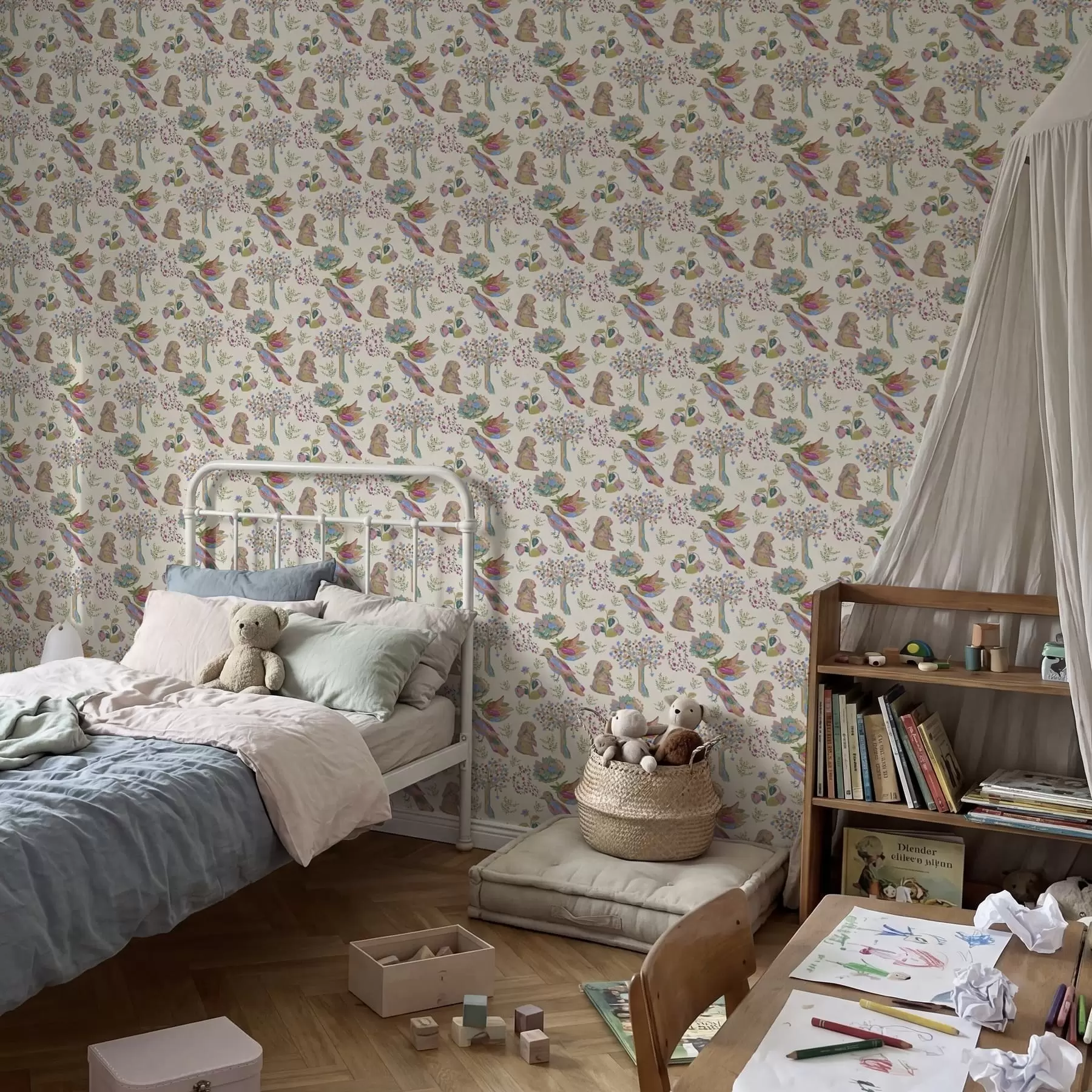 Fototapet Barevný dětský vzor s ptáky a králíky a01127