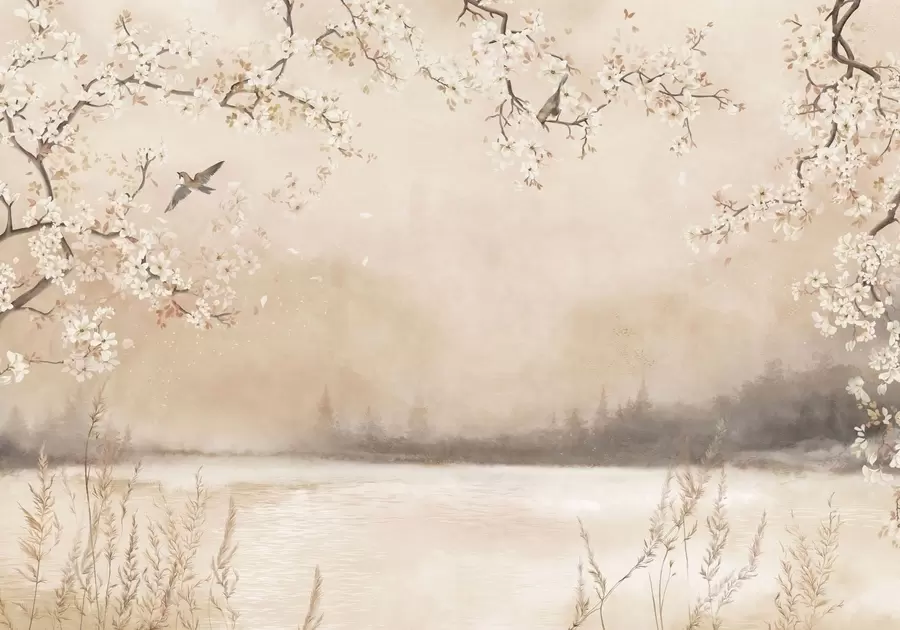 Fototapet Jemné rozkvetlé větve u jezera s ptáky v lehké mlze w05155