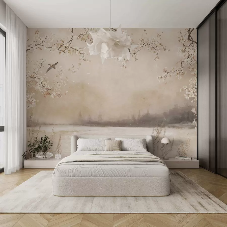 Fototapet Jemné rozkvetlé větve u jezera s ptáky v lehké mlze w05155