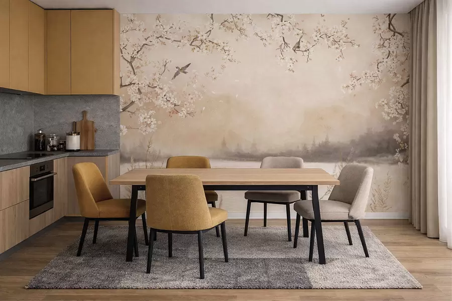 Fototapet Jemné rozkvetlé větve u jezera s ptáky v lehké mlze w05155