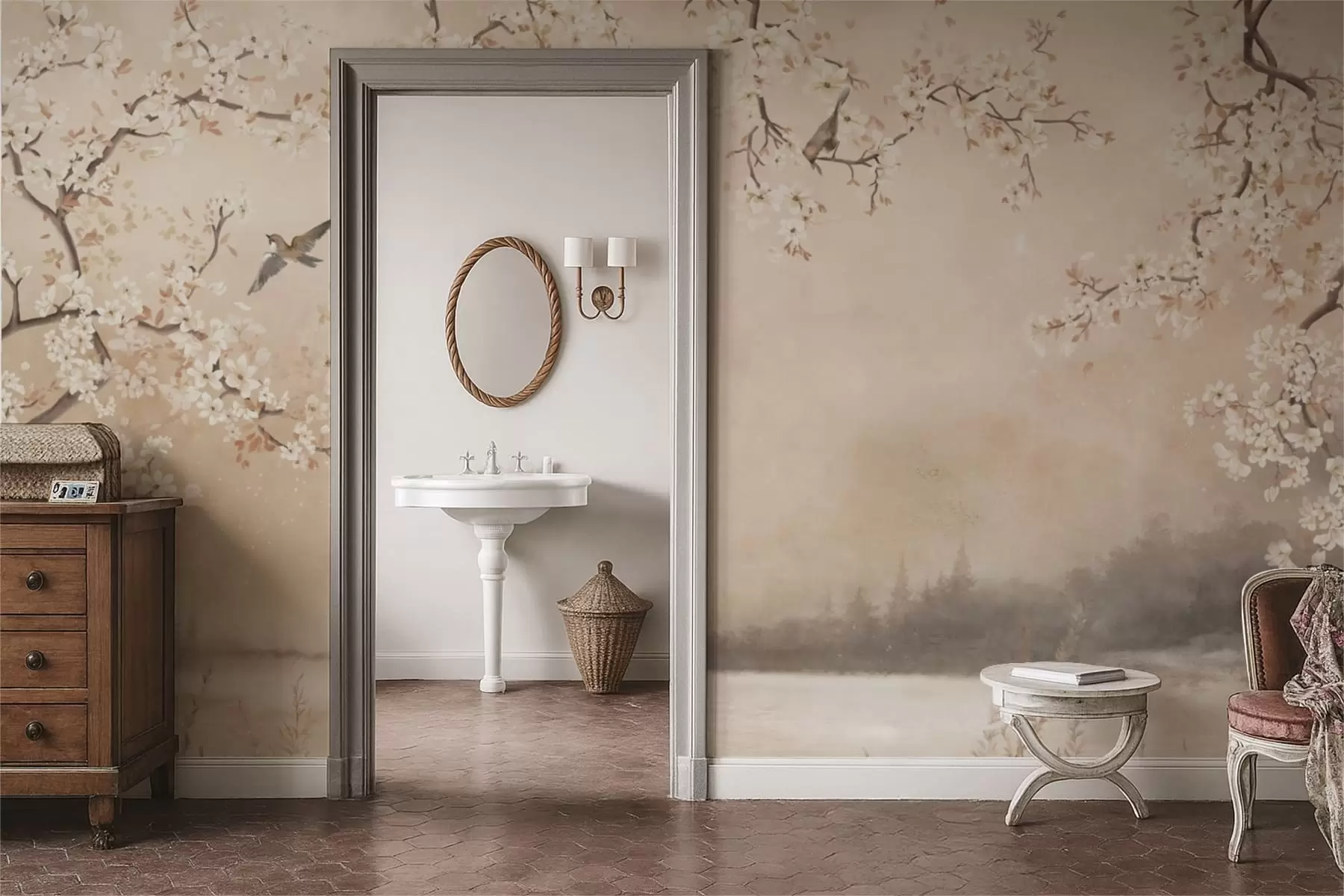 Fototapet Jemné rozkvetlé větve u jezera s ptáky v lehké mlze w05155