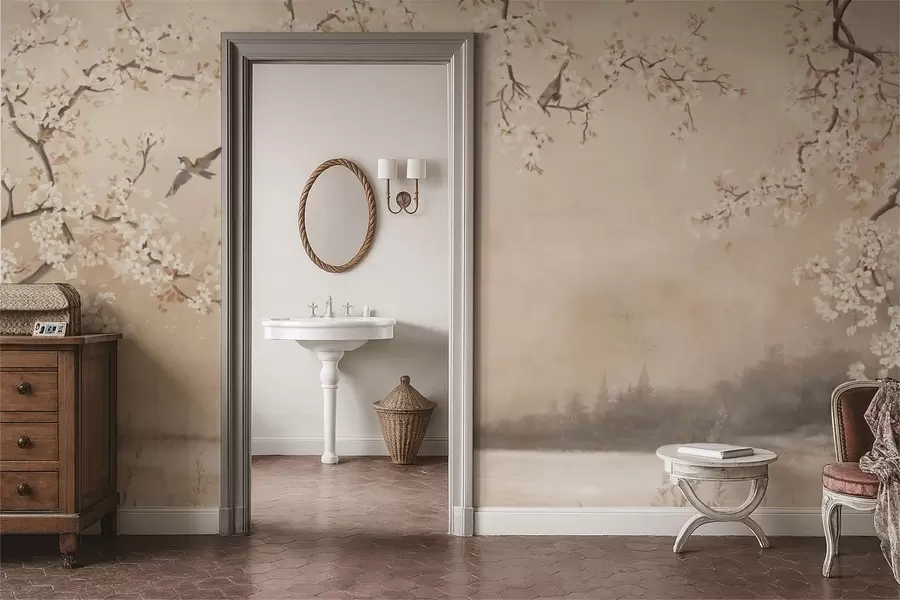 Fototapet Jemné rozkvetlé větve u jezera s ptáky v lehké mlze w05155