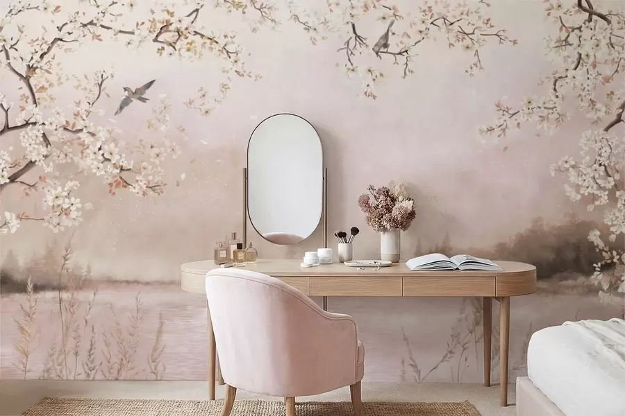 Fototapet Kvetoucí větve nad klidným jezerem s ptáky v mlze w05155v1