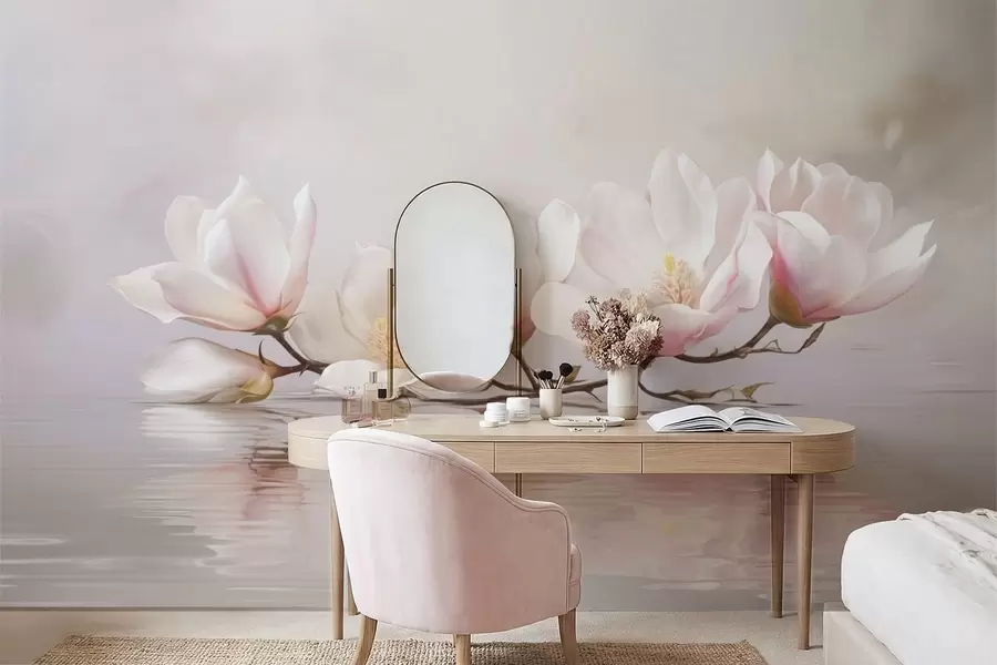 Fototapet Magnoliová větev s květy nad odrazem klidné vody w05353v1