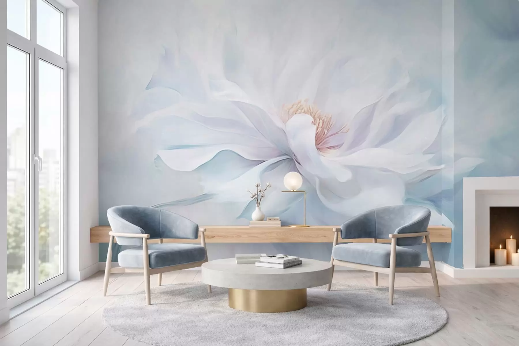 Fototapet Jemná bílá květina s vlajícími okvětními lístky na modrém pozadí w05354