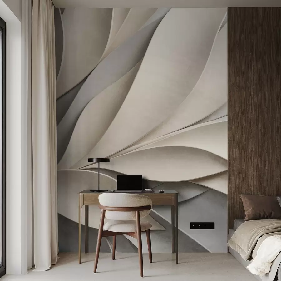 Fototapet Abstraktní listy v béžové a šedé barvě, texturované moderní umění w09769