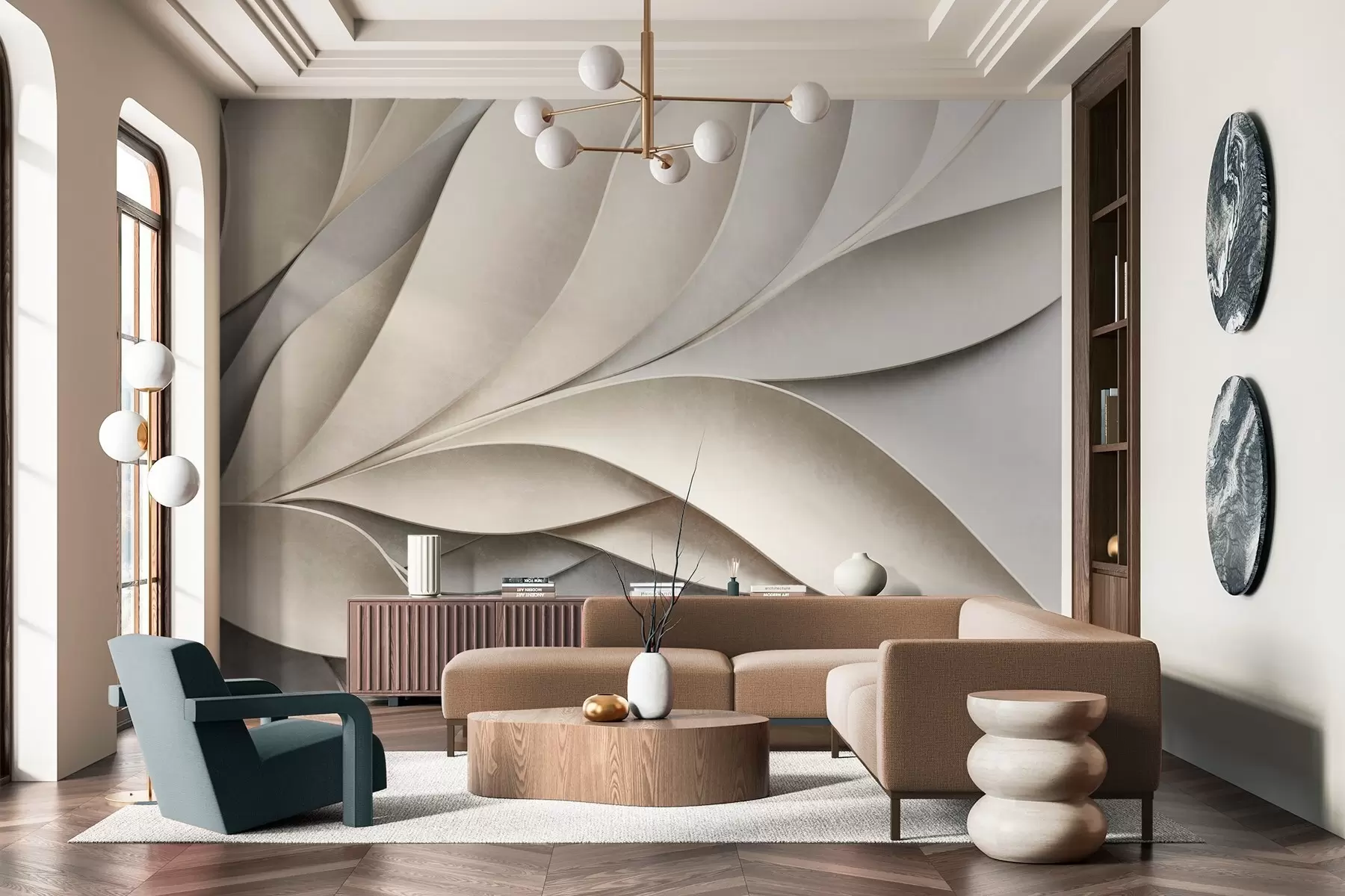 Fototapet Abstraktní listy v béžové a šedé barvě, texturované moderní umění w09769