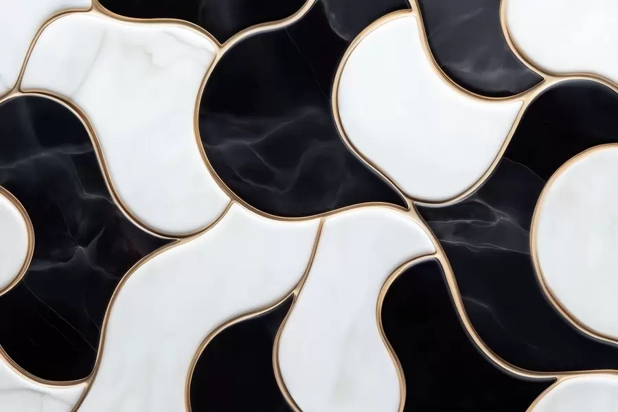 Fototapet Abstraktní imitace mramorového vzoru v černobílých tónech se žlutými liniemi w09733