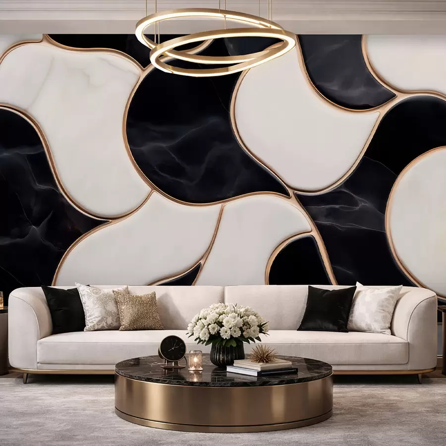 Fototapet Abstraktní imitace mramorového vzoru v černobílých tónech se žlutými liniemi w09733