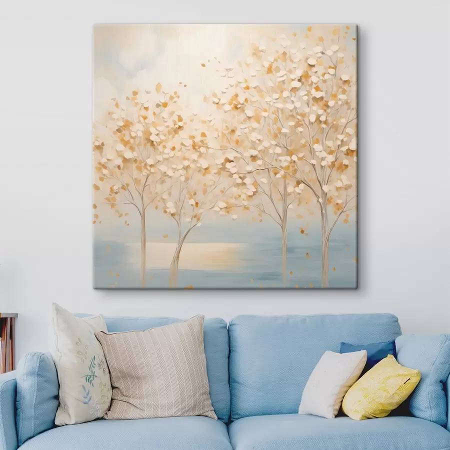Obraz Texturovaný malířský styl znázorňující stromy s bílými a žlutými listy na světle modrém pozadí Č. s48392