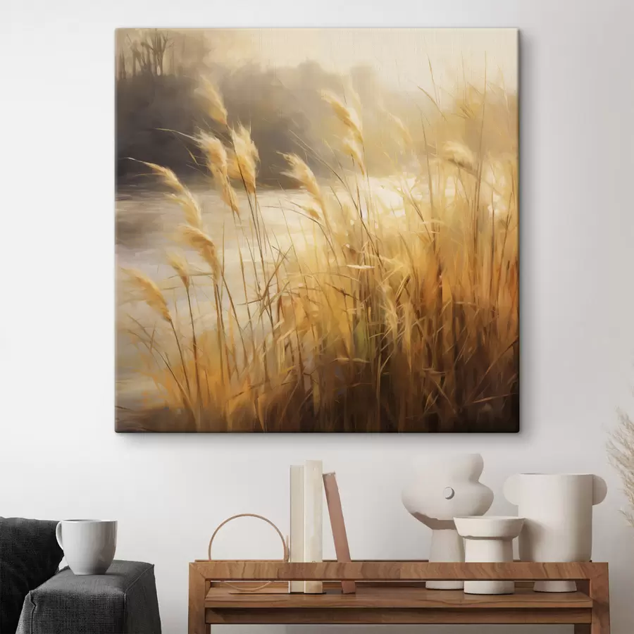 Obraz V popředí vysoká tráva s suchými klásky, v pozadí jezero a stromy Č. s48394