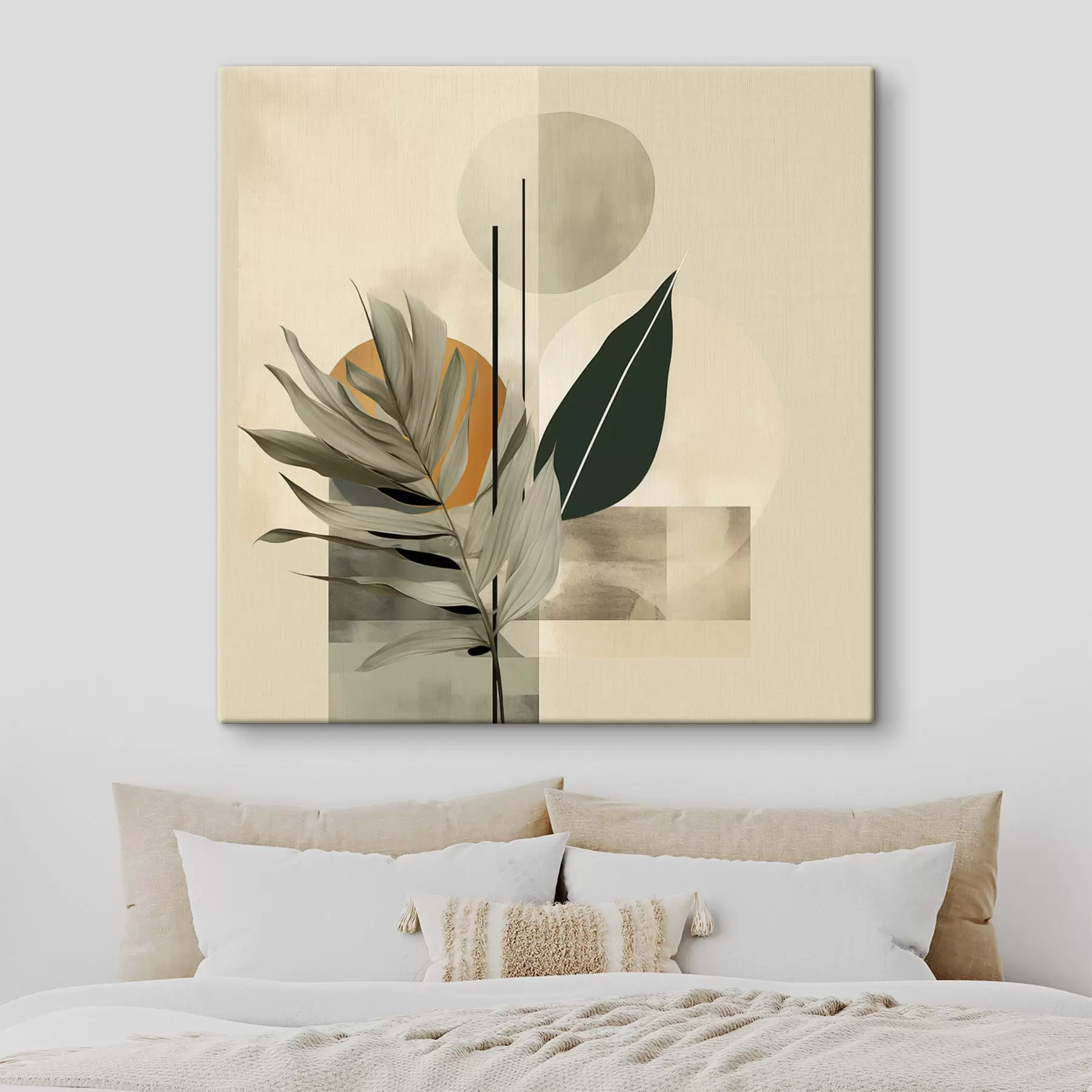 Obraz Tmavě zelená rostlina s abstraktními geometrickými tvary a akvarelovými texturami v béžové a zelené barvě Č. s48410