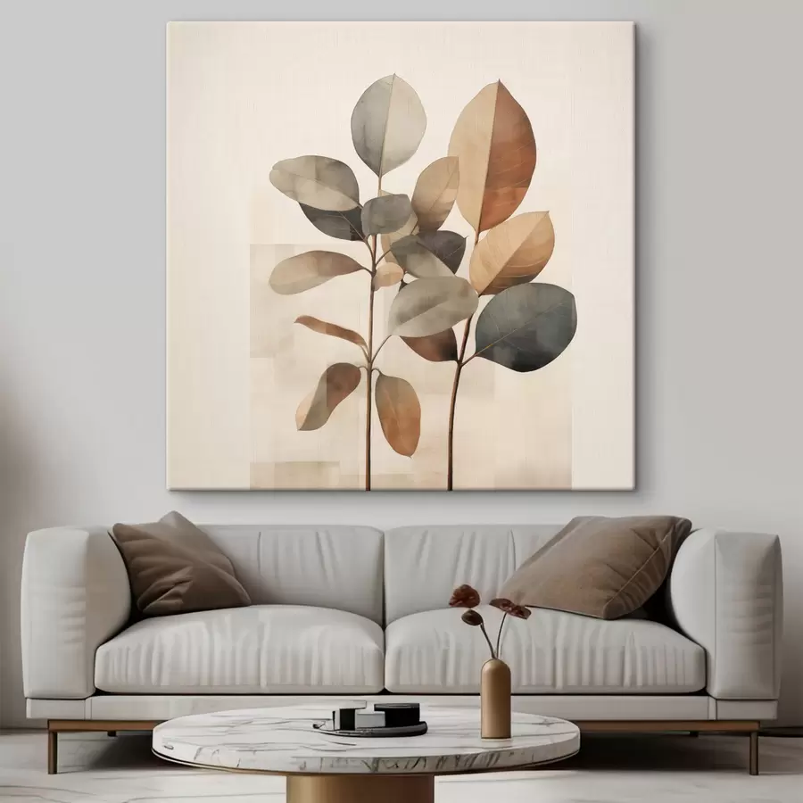 Obraz Vysoké rostliny s oválnými listy v tlumených barvách a s abstraktními obdélníkovými tvary Č. s48413