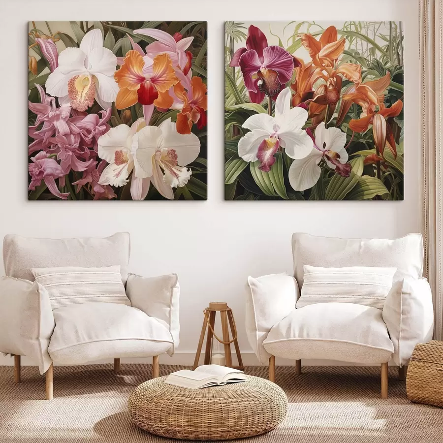 Obraz Kytice tropických květin, orchideje se zelenými listy v pozadí Č. m30197