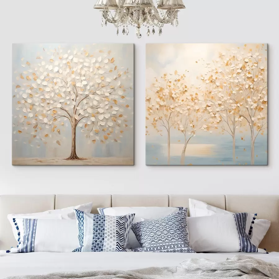 Obraz Texturovaný malířský styl znázorňující stromy s bílými a žlutými listy na světle modrém pozadí Č. m30200