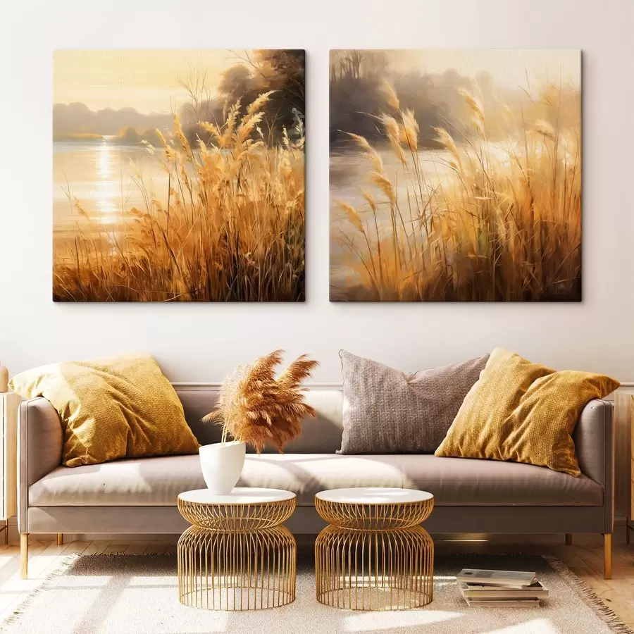 Obraz V popředí vysoká tráva s suchými klásky, v pozadí jezero a stromy Č. m30201