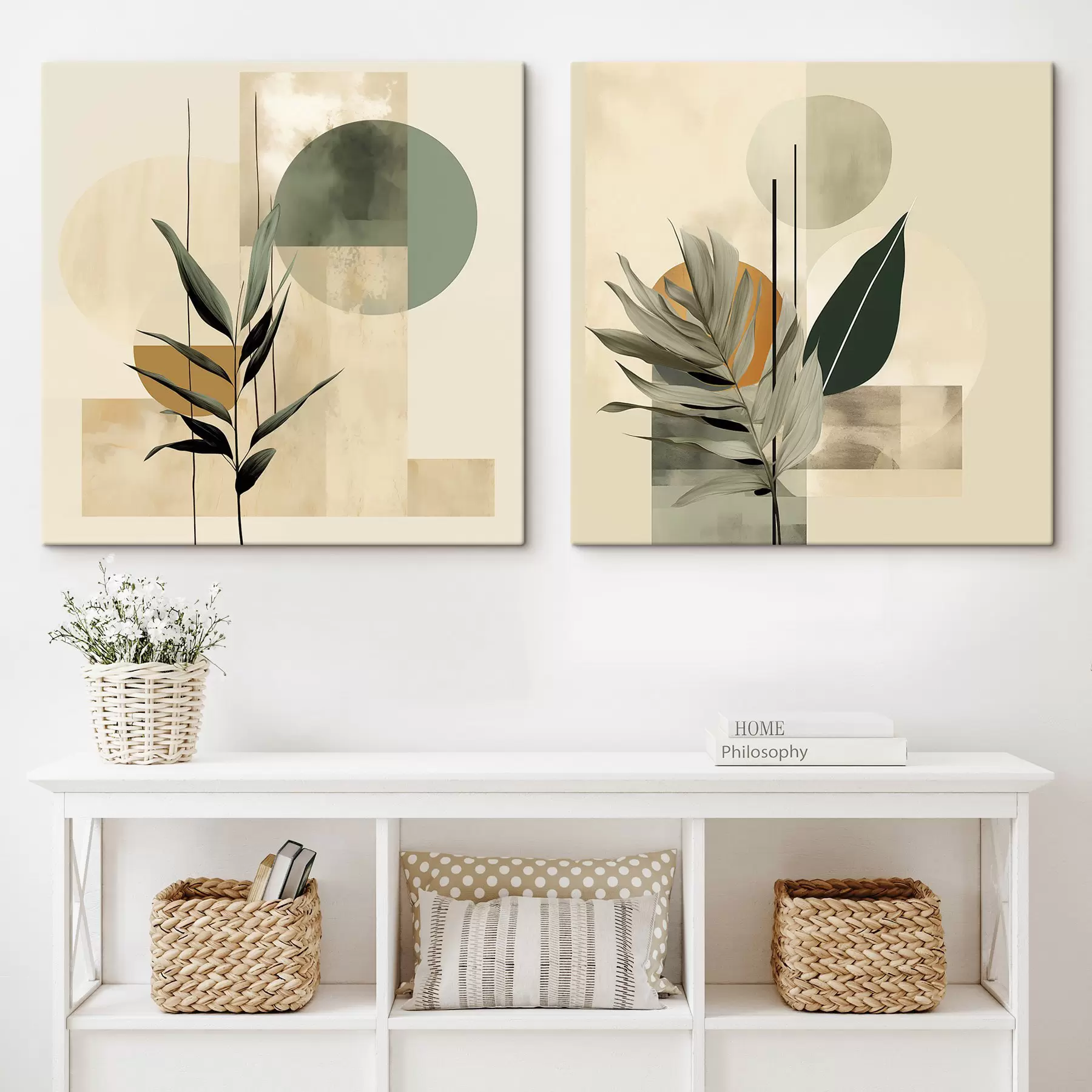 Obraz Tmavě zelená rostlina s abstraktními geometrickými tvary a akvarelovými texturami v béžové a zelené barvě Č. m30209