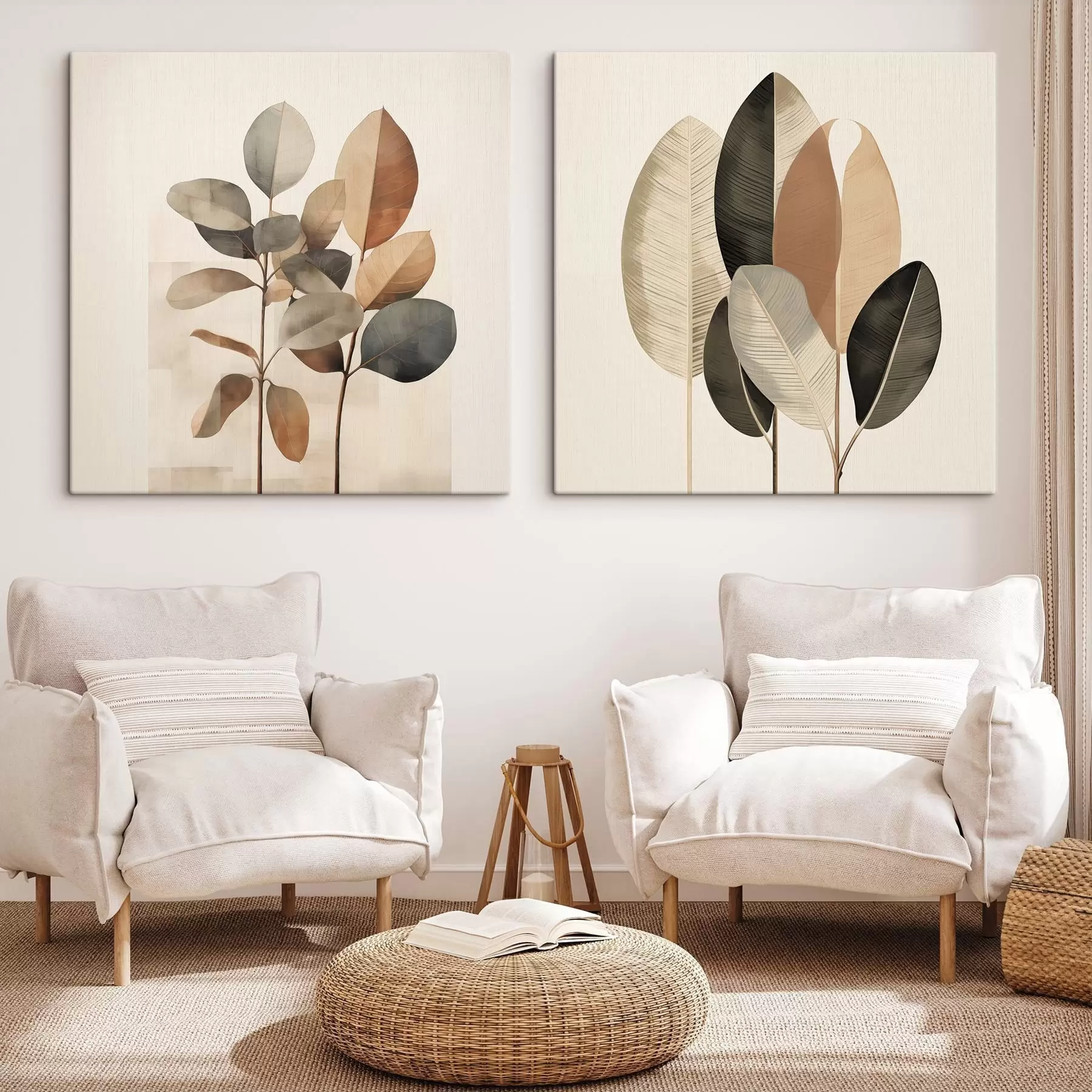 Obraz Vysoké rostliny s oválnými listy v tlumených barvách a s abstraktními obdélníkovými tvary Č. m30211