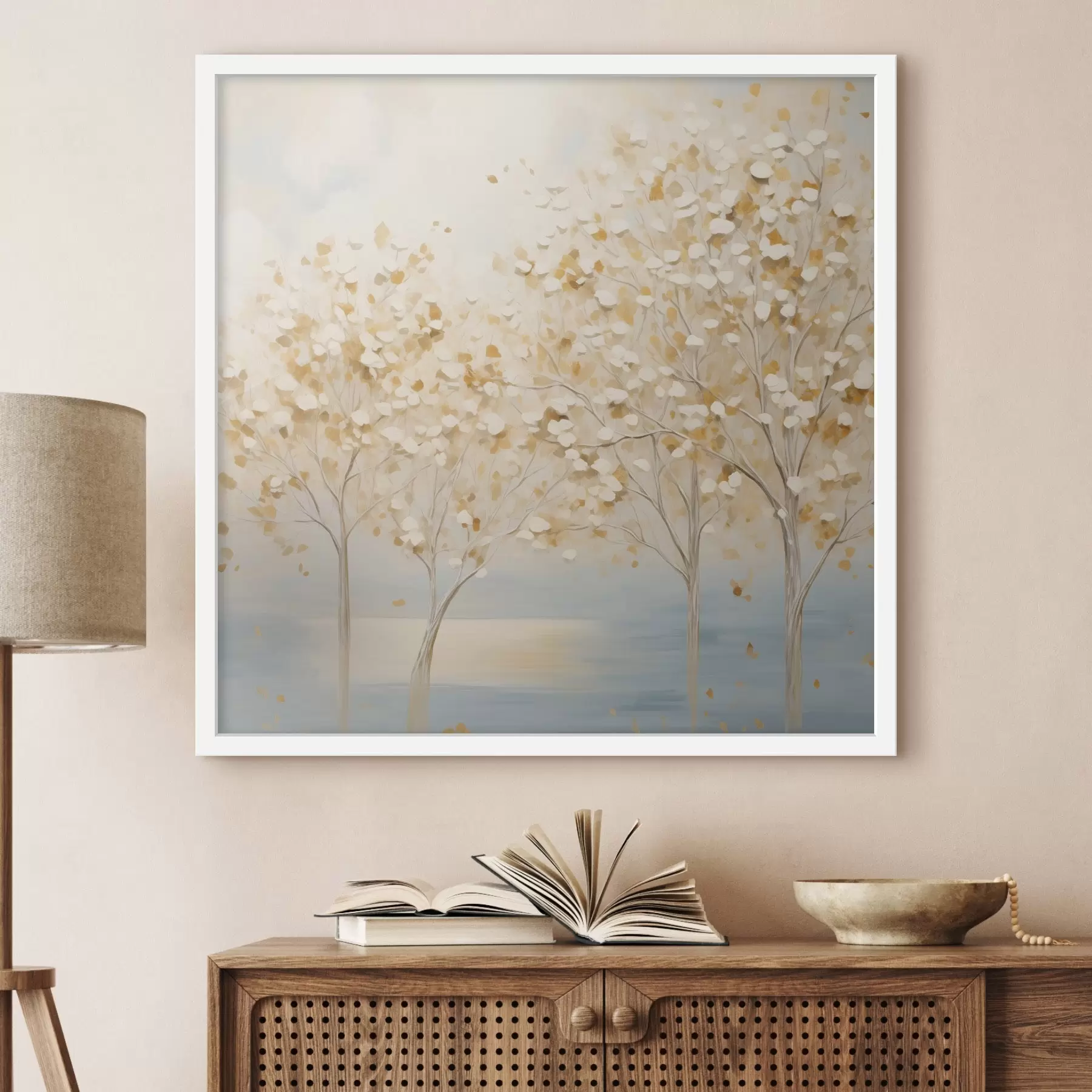 Fototapet Texturovaný malířský styl znázorňující stromy s bílými a žlutými listy na světle modrém pozadí f48392