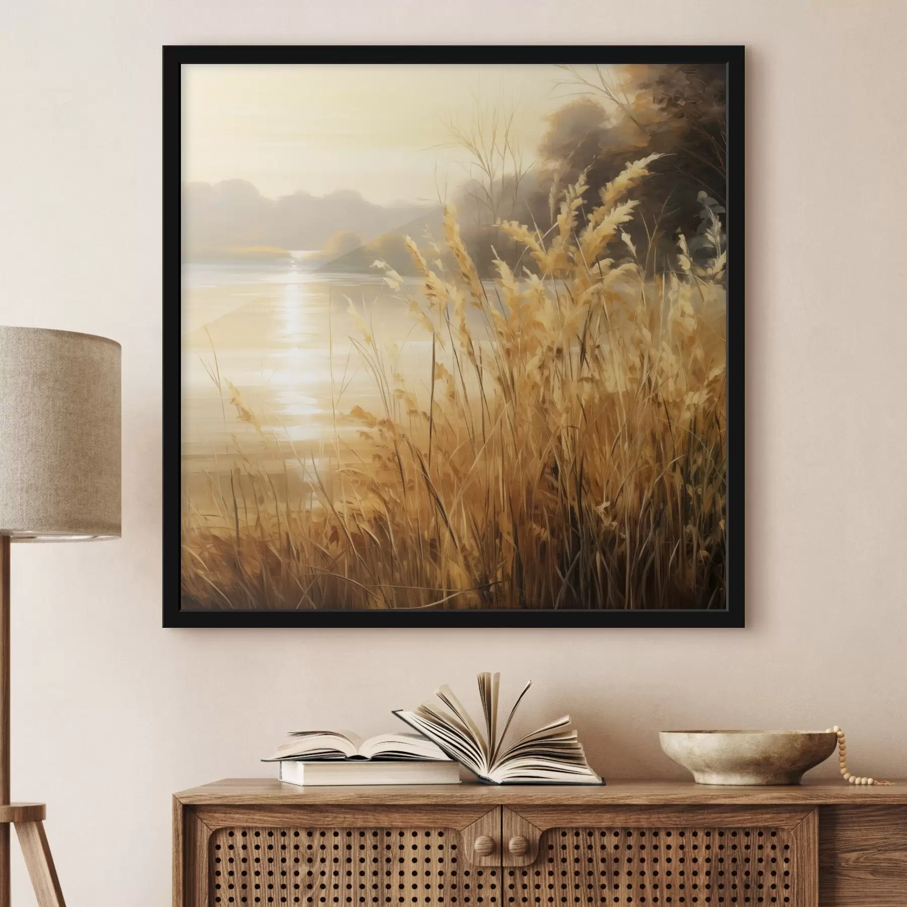 Fototapet V popředí vysoká tráva s suchými klásky, v pozadí jezero a stromy f48393