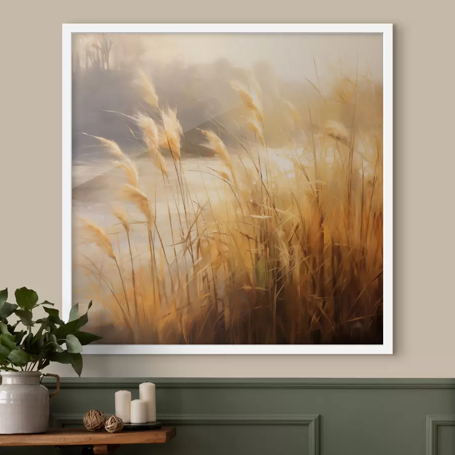 Fototapet V popředí vysoká tráva s suchými klásky, v pozadí jezero a stromy f48394