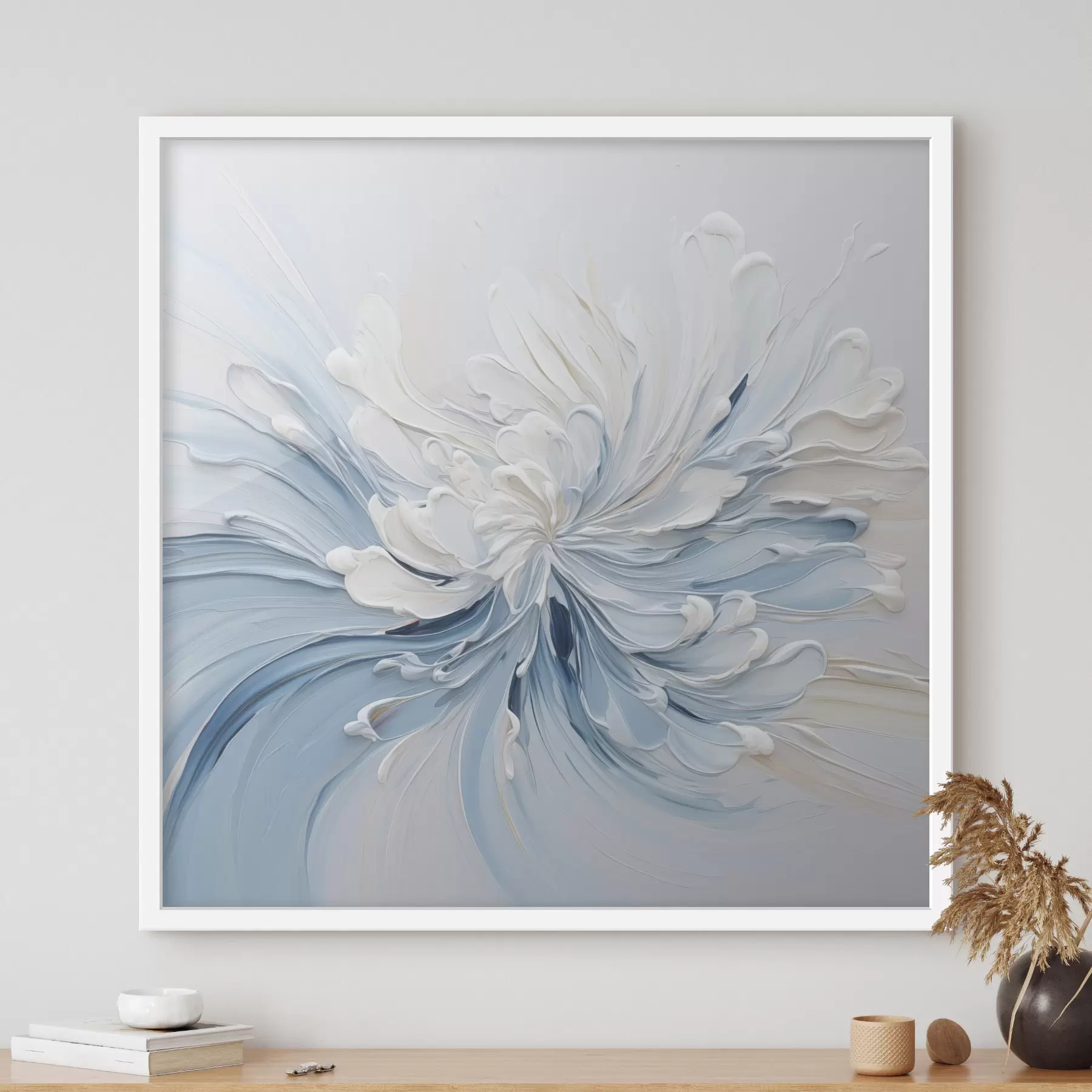 Fototapet Bílo-světle modrý abstraktní květinový vzor s plastickými okvětními lístky a vlnícími se liniemi f48396