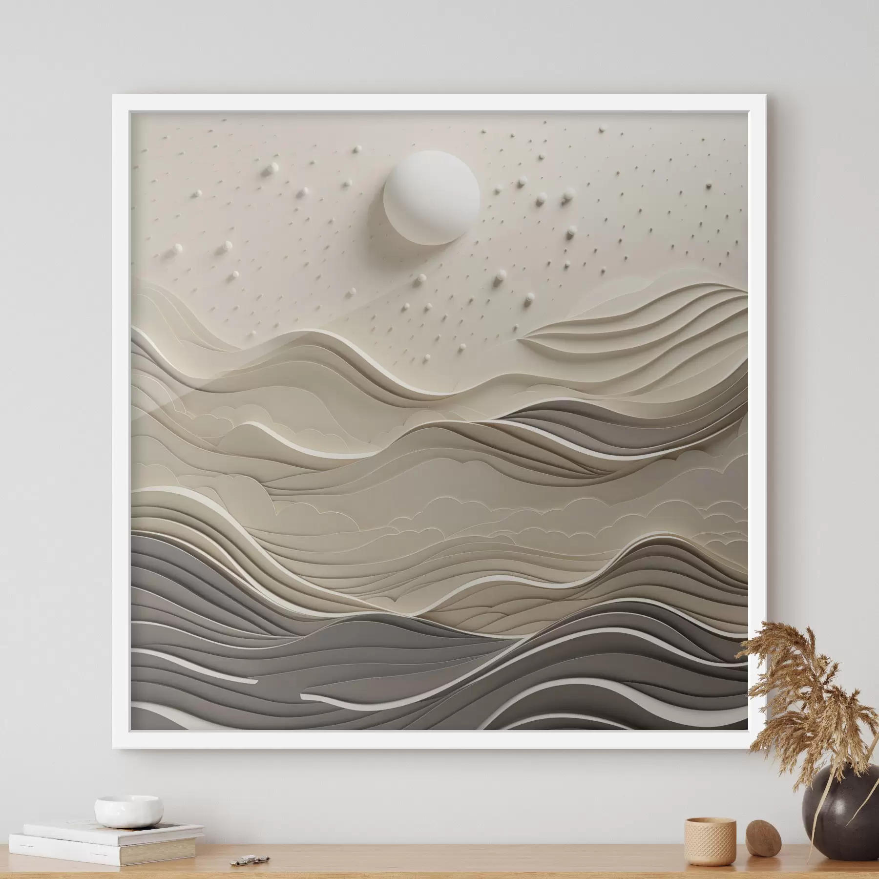 Fototapet Minimalistická stylizovaná krajina s vlnícími se kopci a velkým měsícem na hvězdné obloze, abstraktní umění f48402