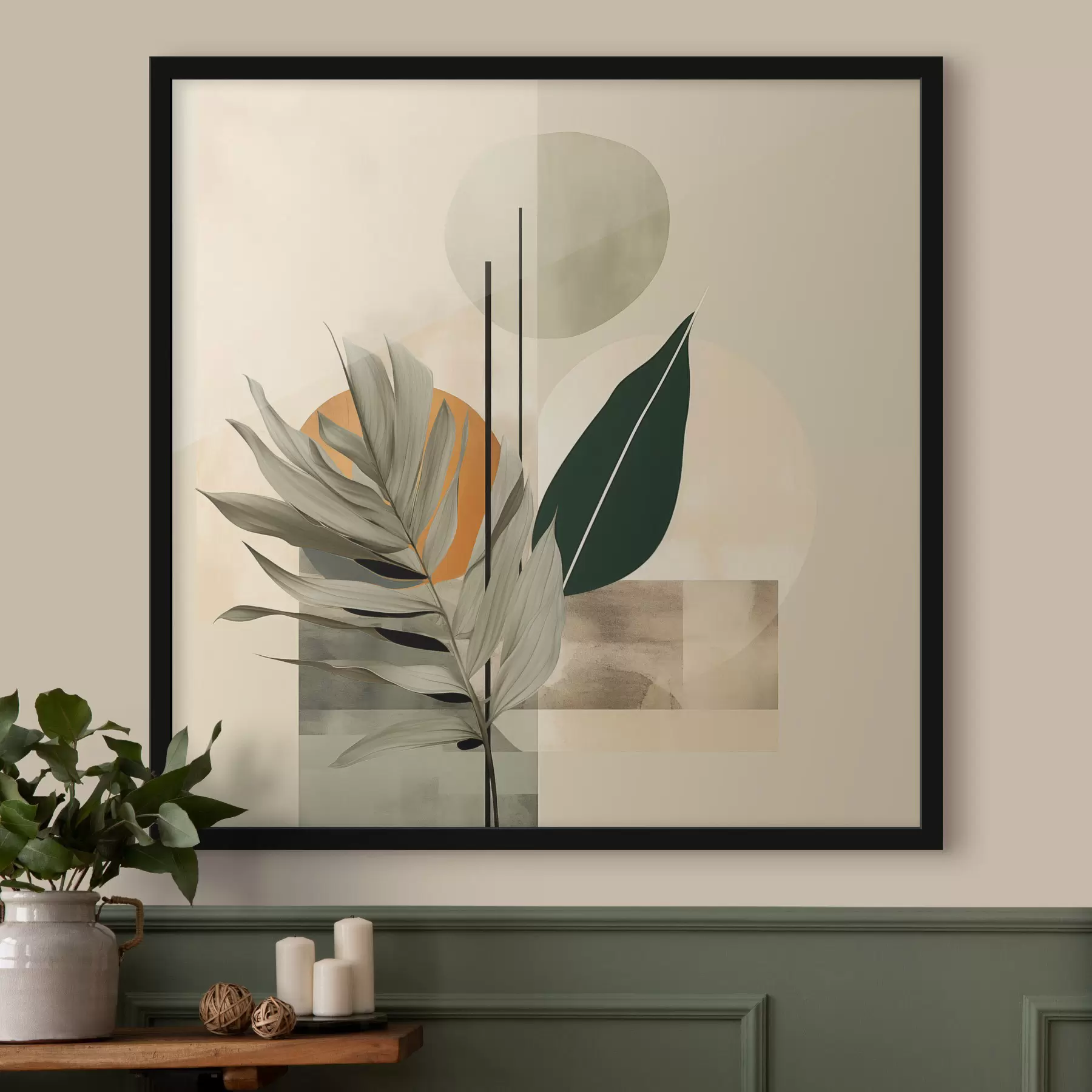 Fototapet Tmavě zelená rostlina s abstraktními geometrickými tvary a akvarelovými texturami v béžové a zelené barvě f48410