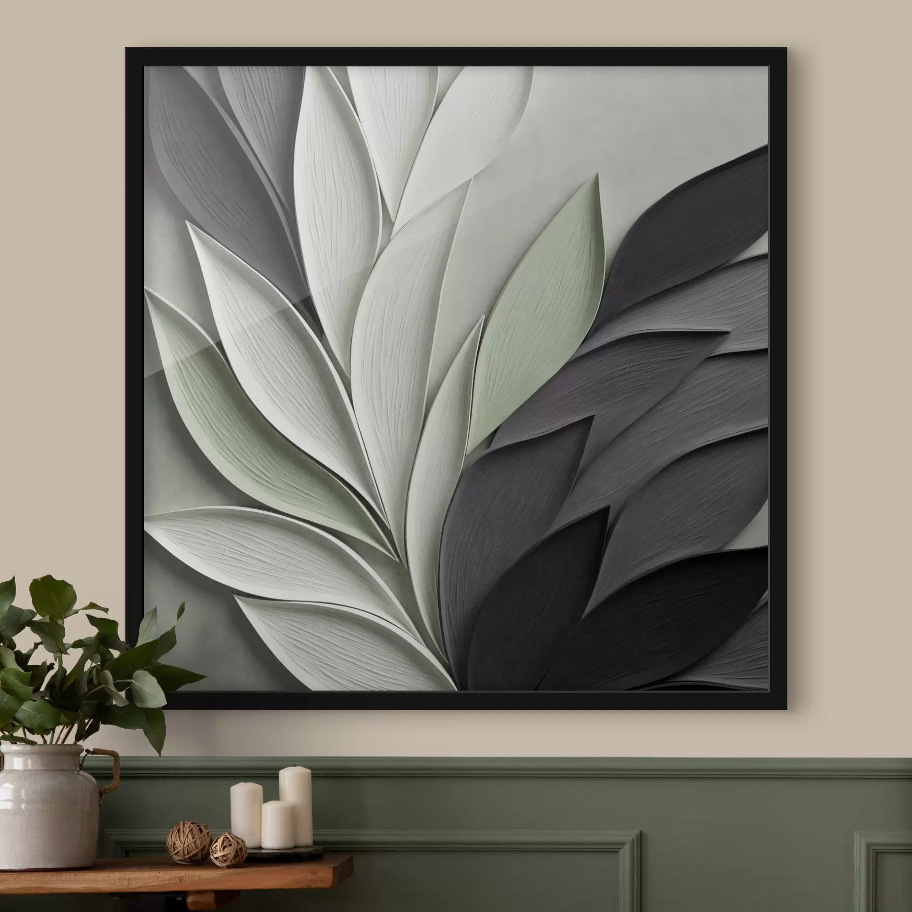 Fototapet Abstraktní stylizované listy v odstínech šedé, bílé a tlumené zelené f48411