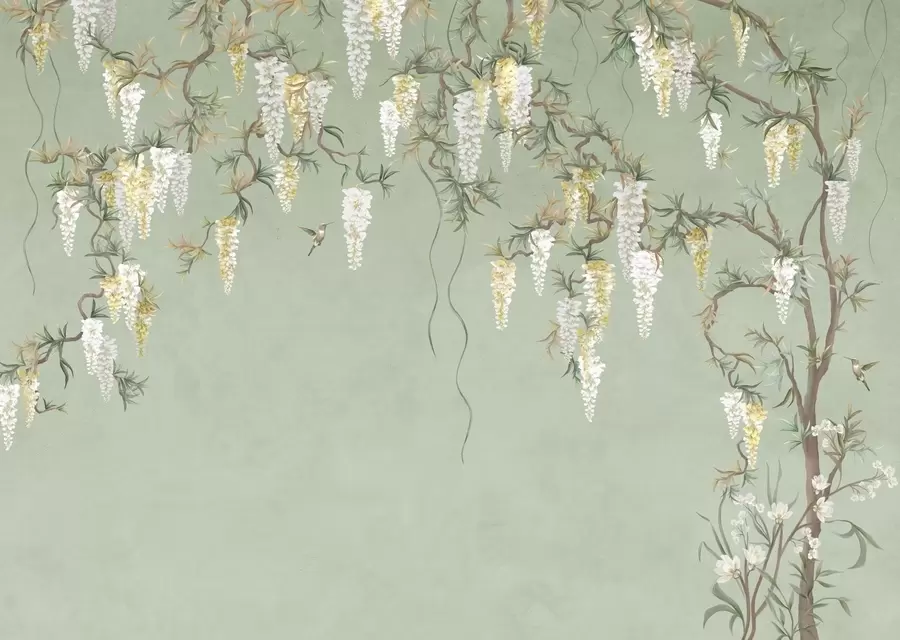 Fototapet Kvetoucí větve s bílými květy a ptáky na zeleném pozadí w05394